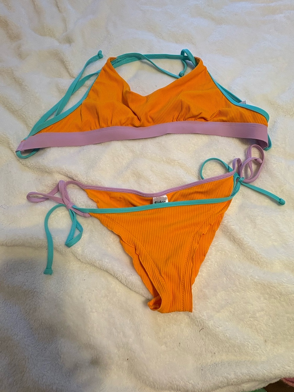 Eidon- D cup top - Vibrant Orange Ribbed Tie-Side Bikini with Color Trim